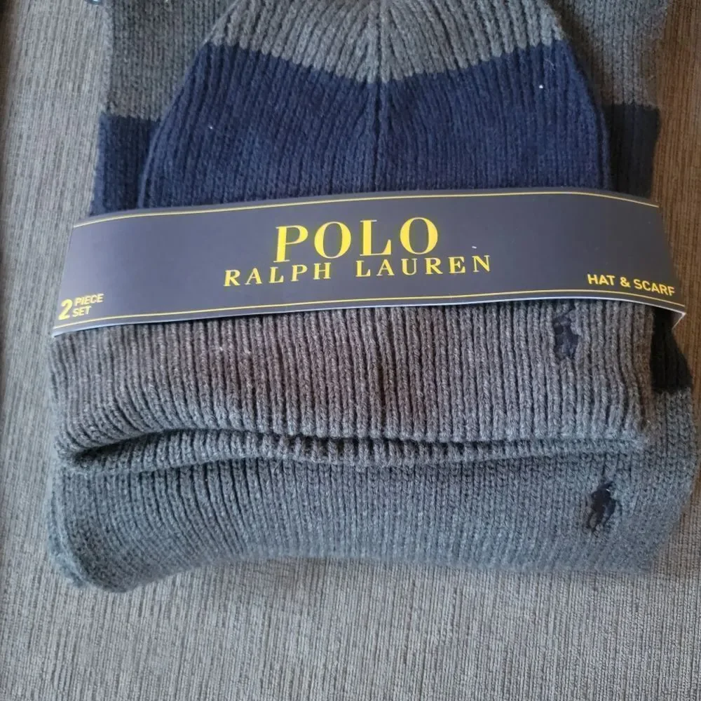 Polo Ralph Lauren Men's grey and navy 2 Piece Set Hat & Scarf Lambswool…